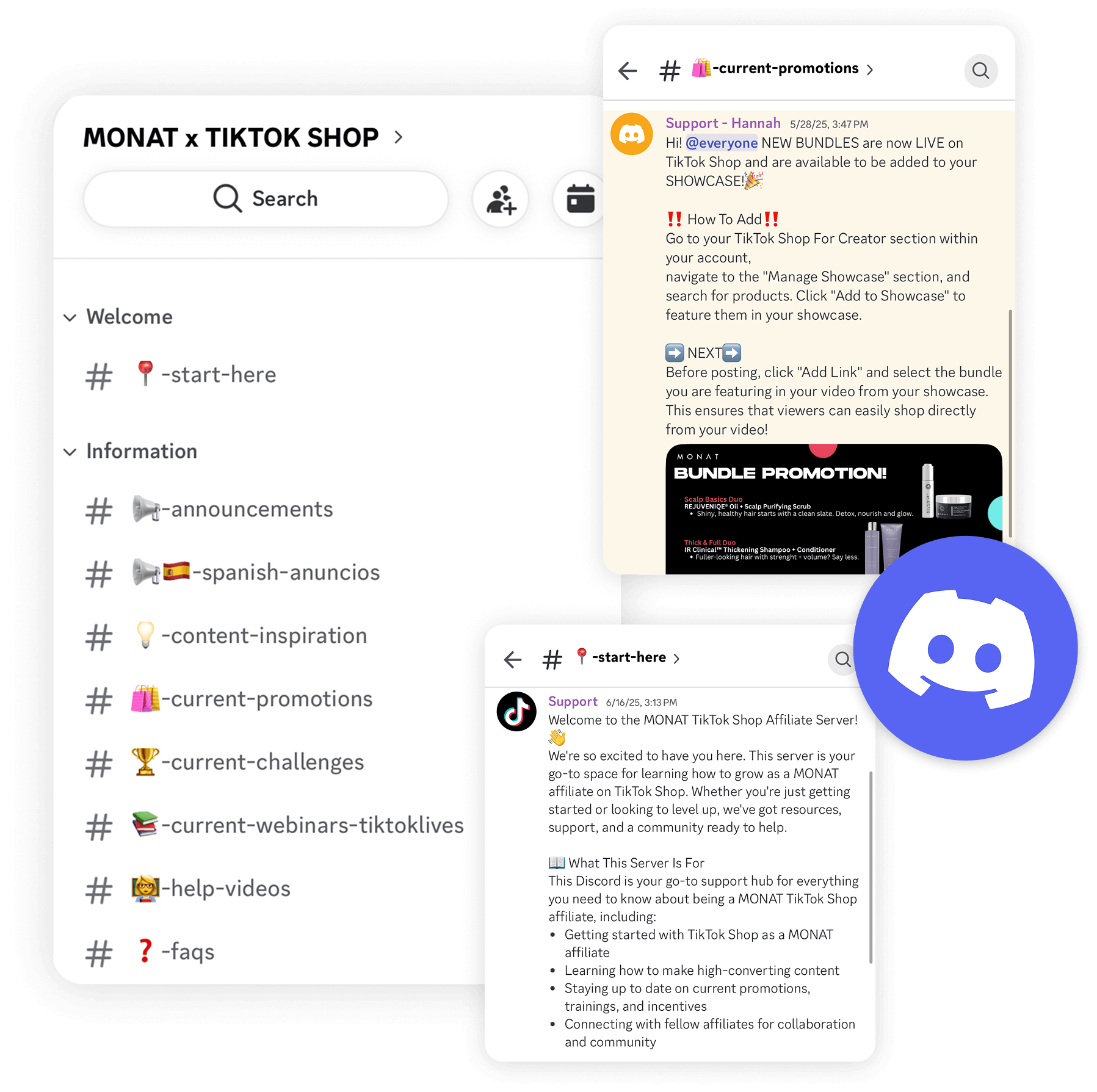 MONAT x TikTok Shop Discord server — channels and affiliate announcements
