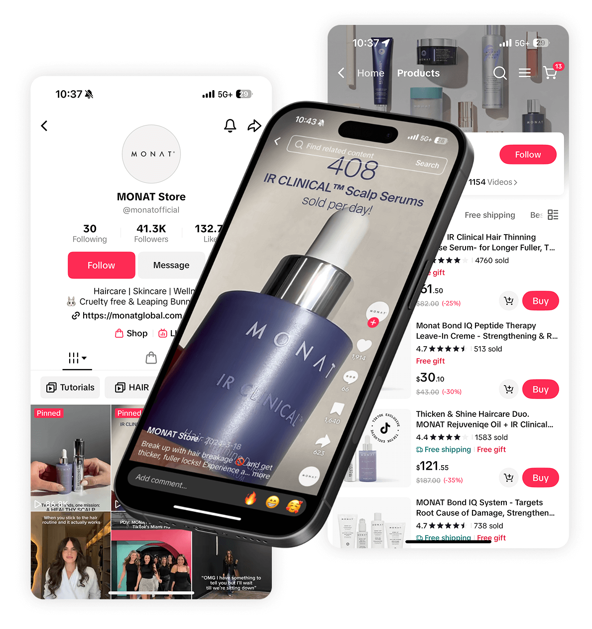 MONAT Store on TikTok Shop — profile, product feed, and a shoppable video